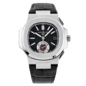 Nautilus 5980/1A-014 cadran noir en acier sur bracelet en cuir