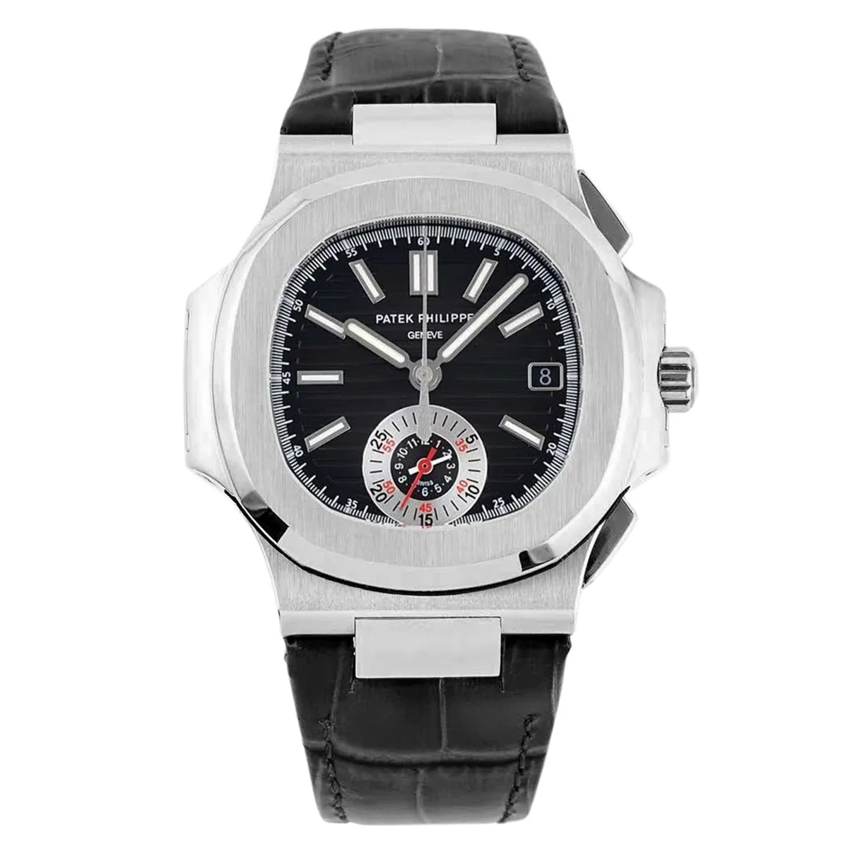 Nautilus 5980/1A-014 cadran noir en acier sur bracelet en cuir