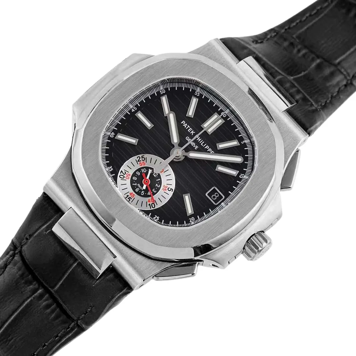 Nautilus 5980/1A-014 cadran noir en acier sur bracelet en cuir – Image 2
