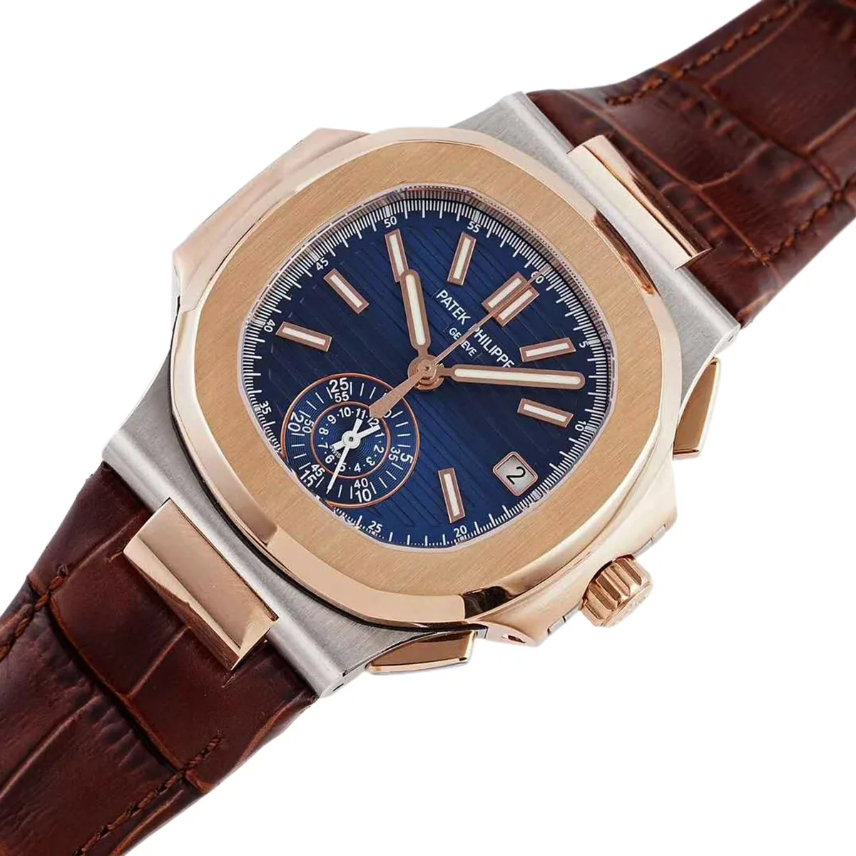 Nautilus cronografo 5980/1AR in acciaio e oro rosa su cinturino in pelle marrone - immagine 2