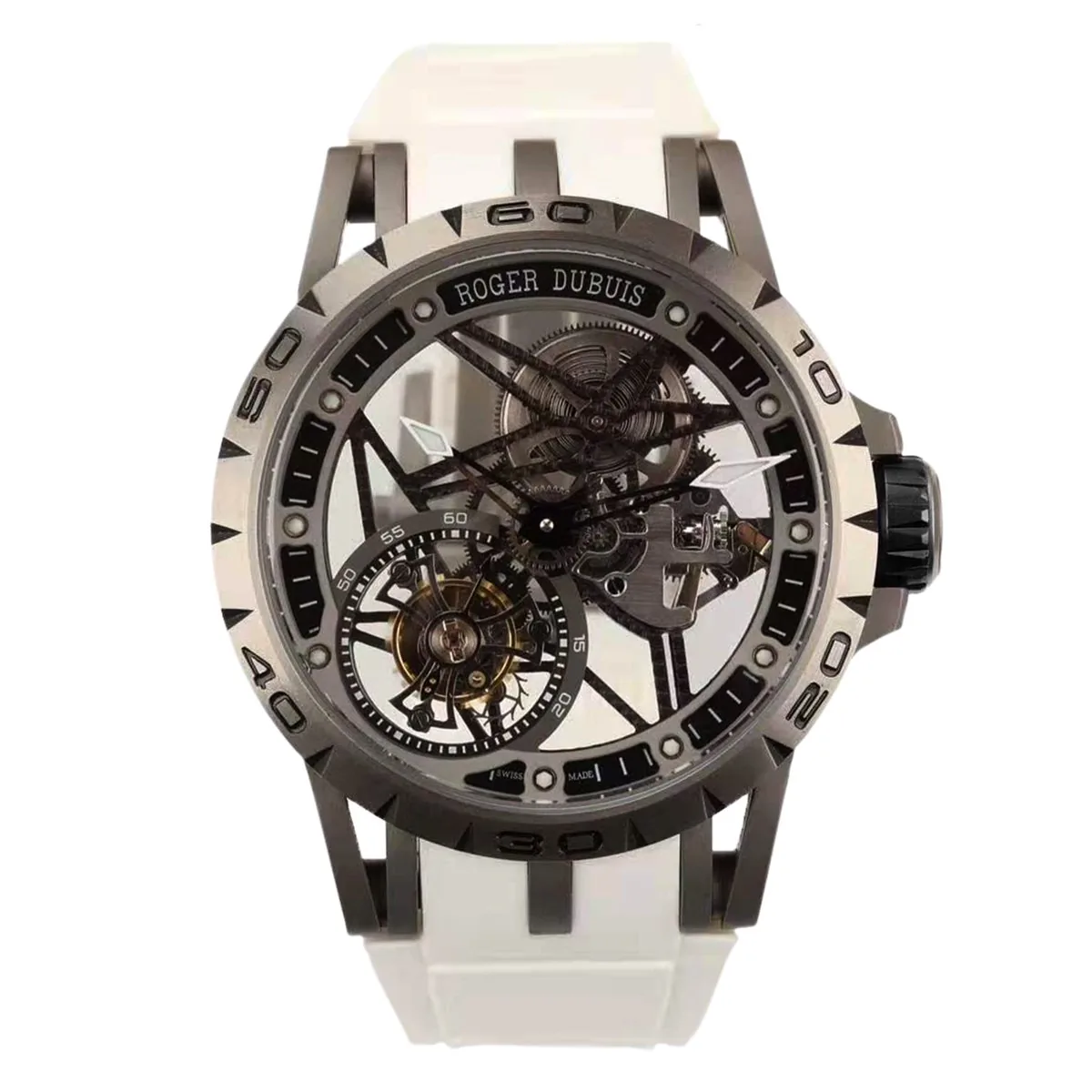 Excalibur Spider squelette tourbillon volant avec bracelet en caoutchouc blanc