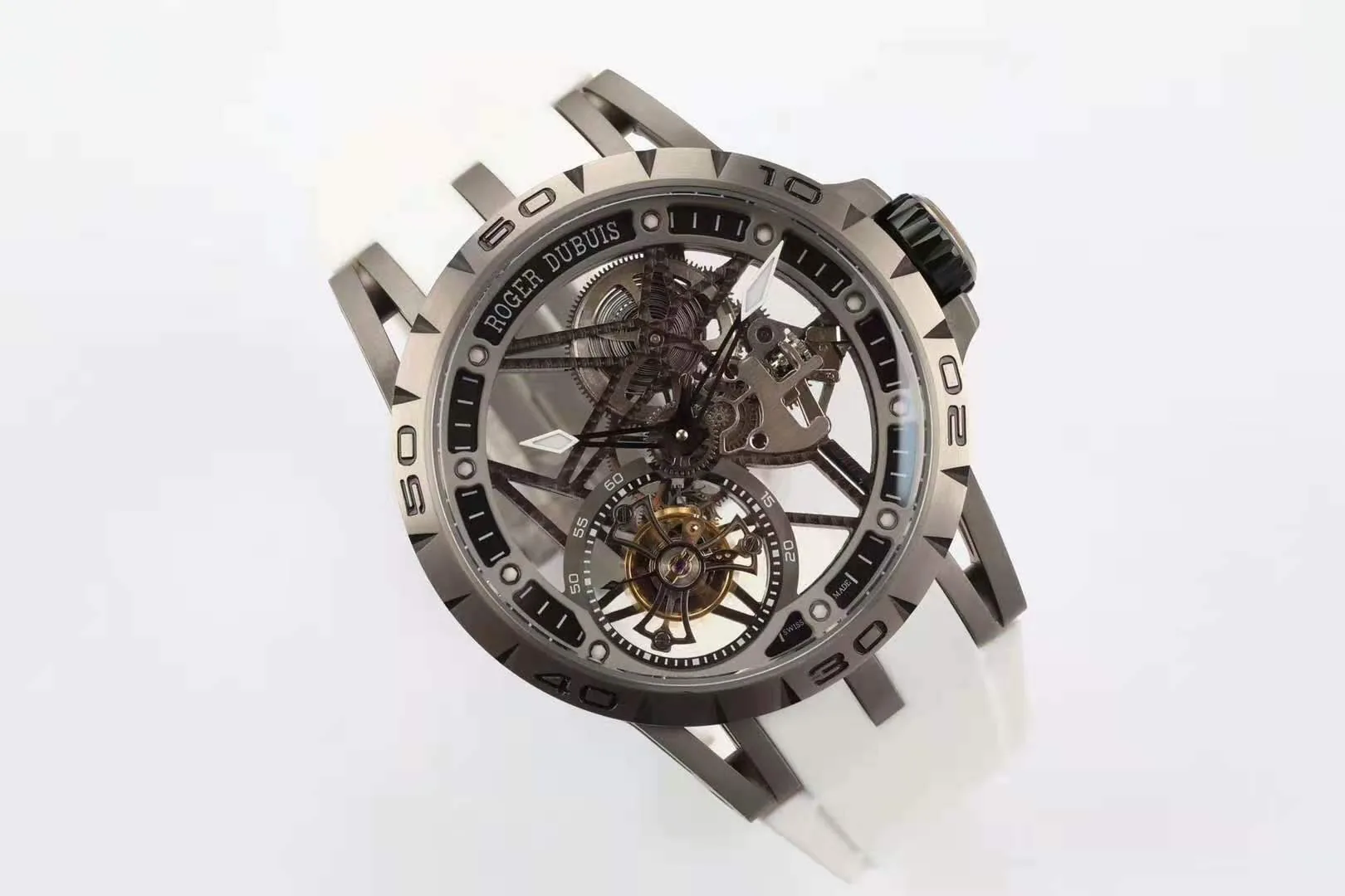 Excalibur Spider squelette tourbillon volant avec bracelet en caoutchouc blanc – Image 5