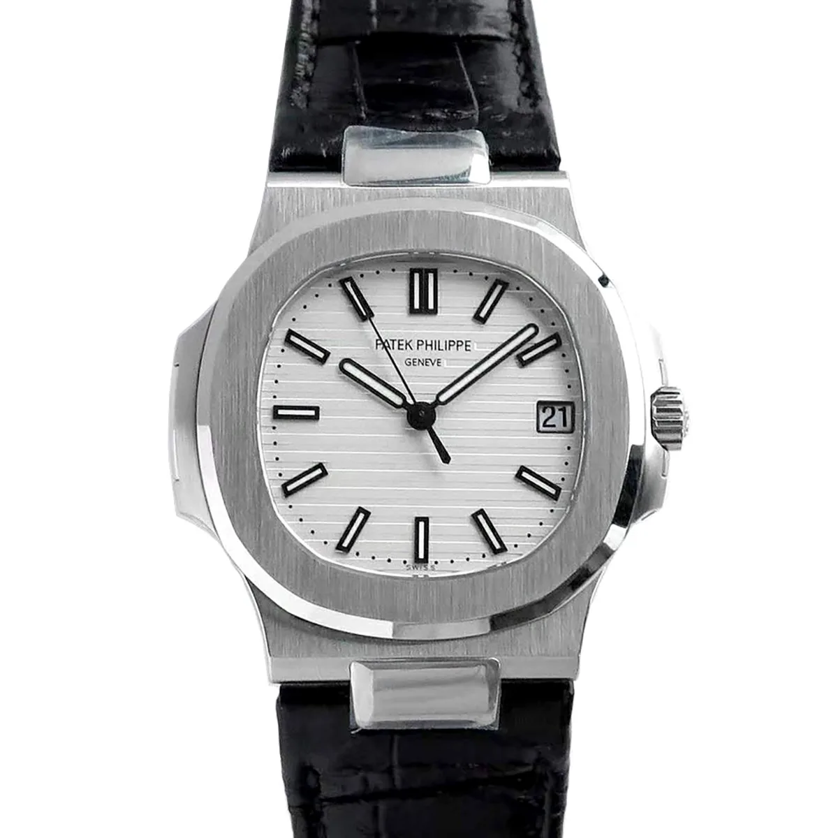 Nautilus Jumbo 5711 weißes Zifferblatt in Stahl mit schwarzem Lederarmband
