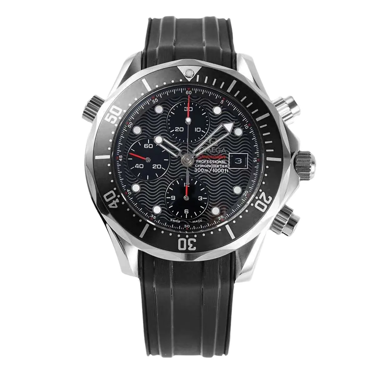Seamaster Diver 300m cronografo quadrante nero su cinturino in gomma