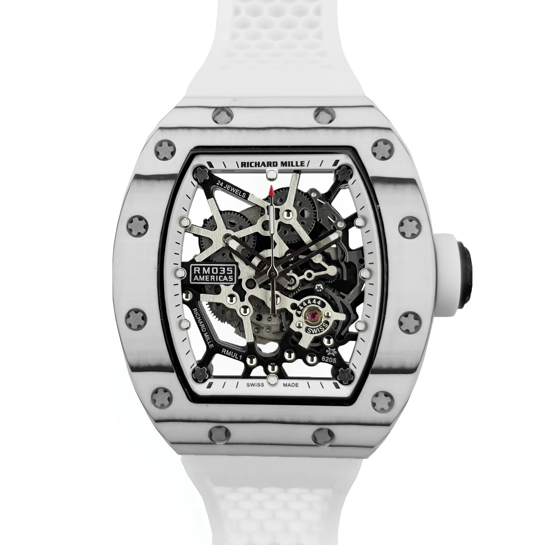 RM 035-02 Black Toro Americas in NTPT-Carbon am weißen Kautschukarmband
