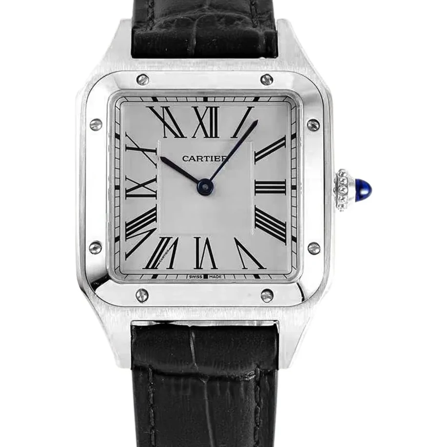 Santos-Dumont White Dial in Steel on Black Leather Strap