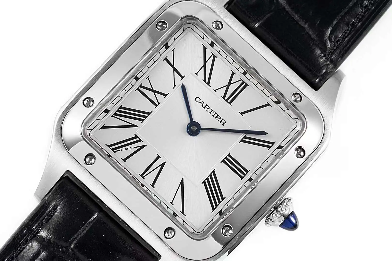 Santos-Dumont White Dial in Steel on Black Leather Strap - Image 5