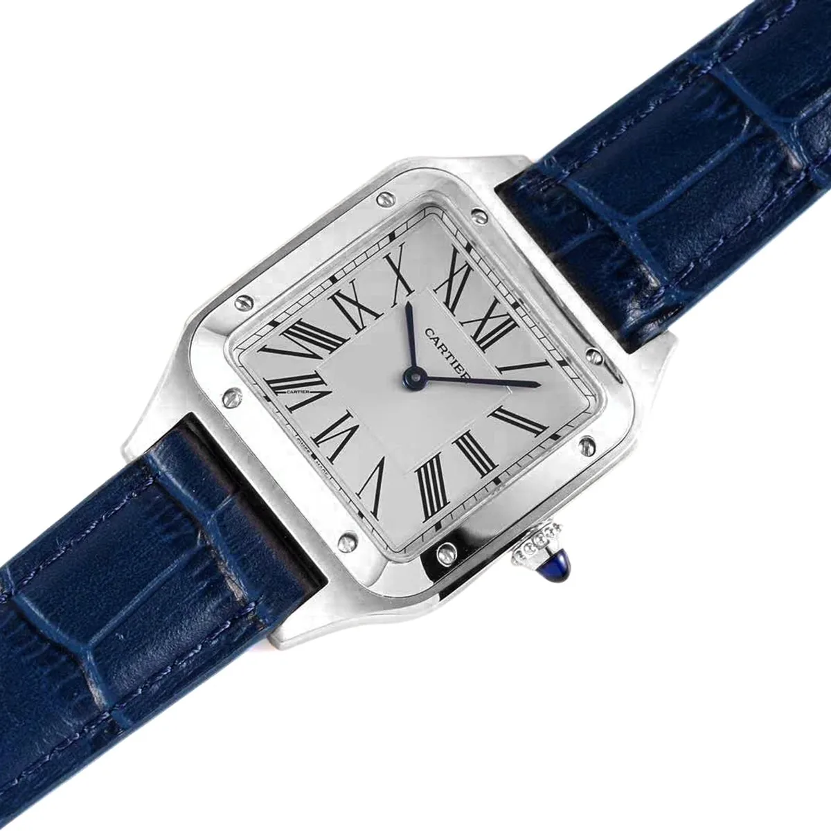 Santos-Dumont weißes Zifferblatt in Stahl am blauen Lederarmband – Bild 2