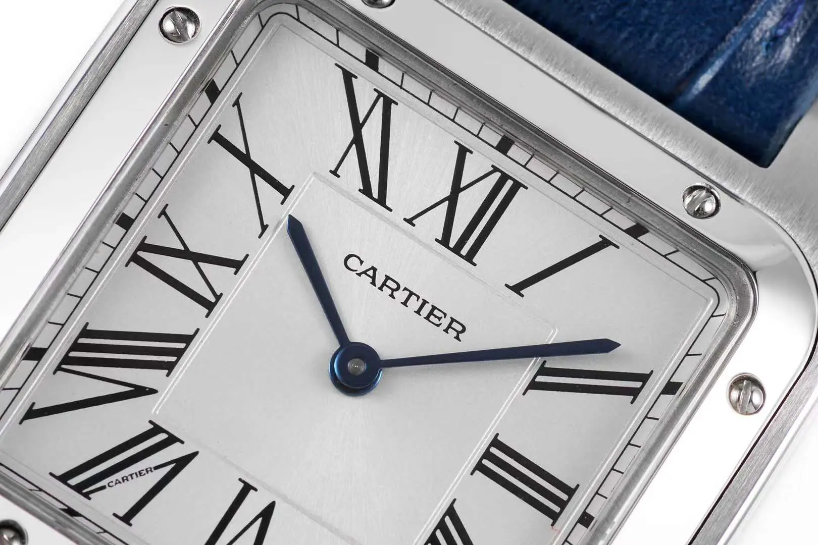 Santos-Dumont weißes Zifferblatt in Stahl am blauen Lederarmband – Bild 5