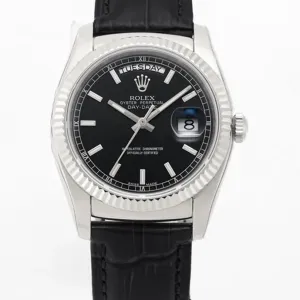 Day-Date 40 Black Dial in White Gold on Leather Strap