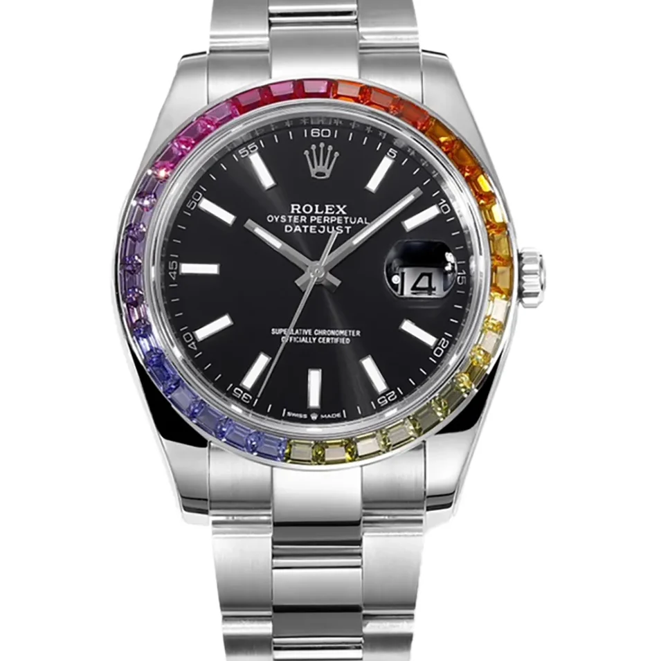 Datejust 41 Black Dial Stick Markers with Rainbow Diamond Bezel in Steel on Oyster Bracelet