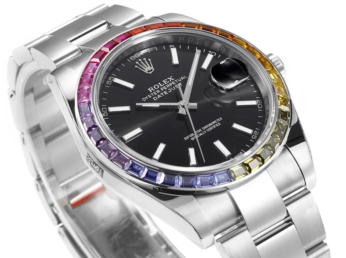 Datejust 41 quadrante nero indici a bastone con lunetta con diamanti arcobaleno in acciaio su bracciale Oyster - immagine 4