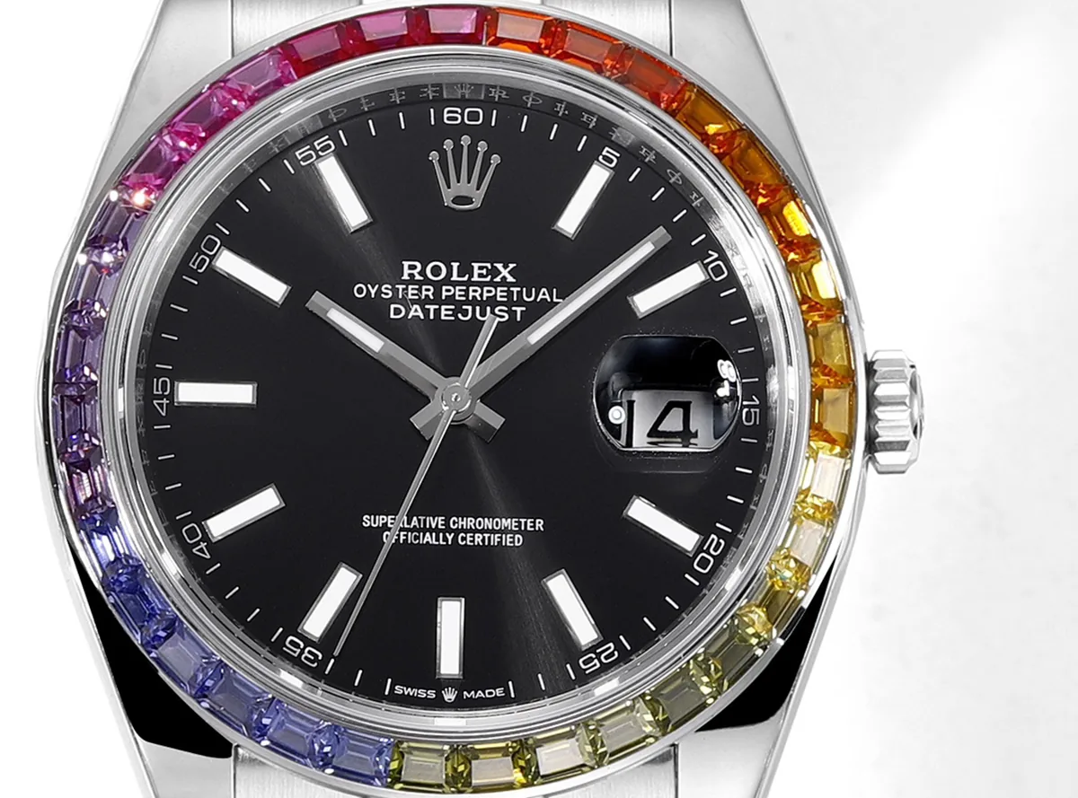 Datejust 41 quadrante nero indici a bastone con lunetta con diamanti arcobaleno in acciaio su bracciale Oyster - immagine 6