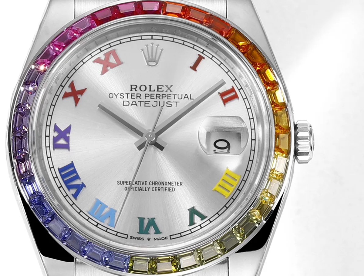 Datejust 41 cadran argenté index romains lunette diamants arc-en-ciel en acier sur bracelet Oyster – Image 6