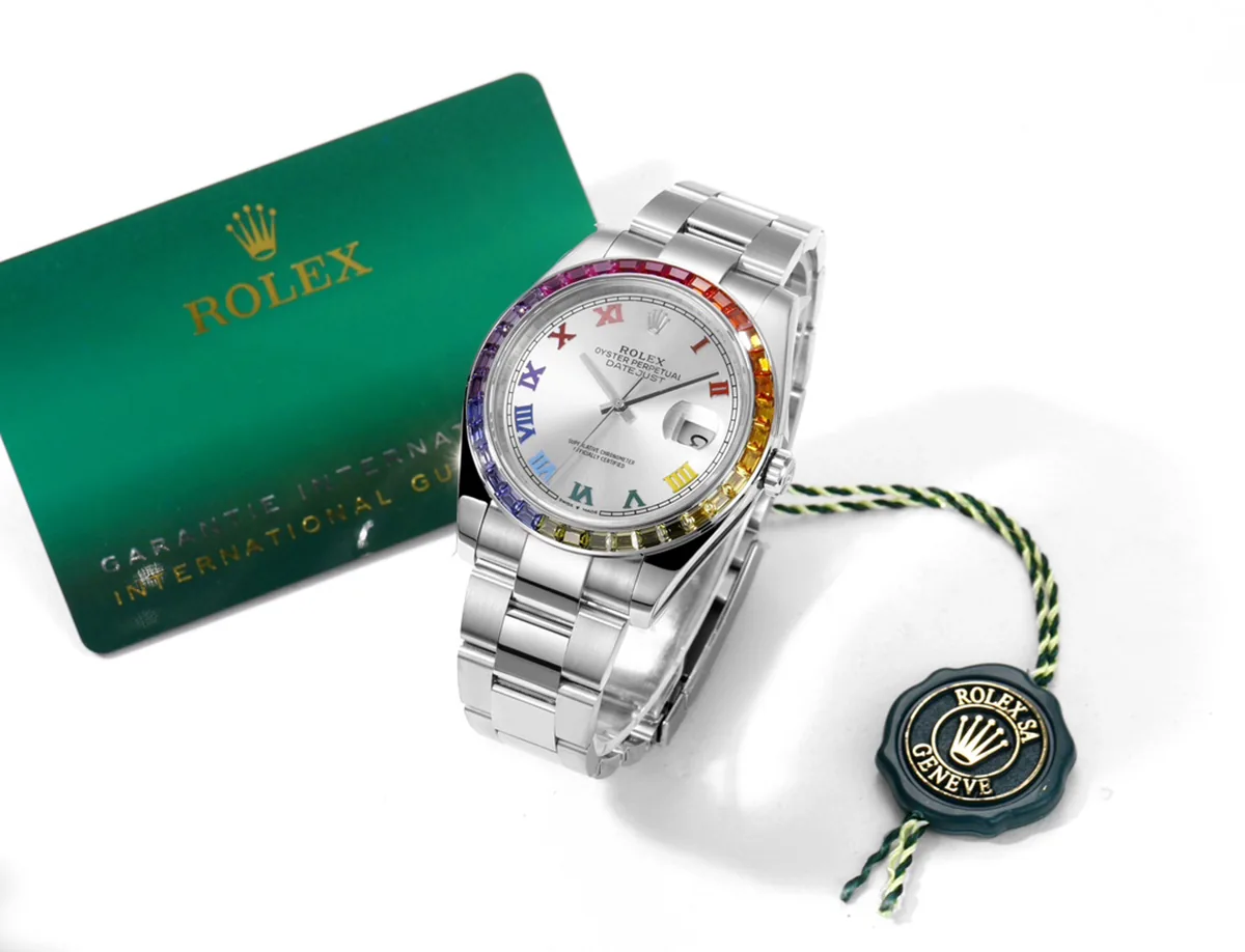 Datejust 41 cadran argenté index romains lunette diamants arc-en-ciel en acier sur bracelet Oyster – Image 9