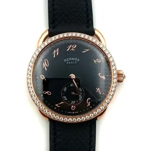 Arceau Petite Rose Gold with Diamond Bezel Black Dial on Black Fjord Leather Strap