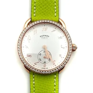 Arceau Petite Rose Gold with Diamond Bezel on Green Epsom Leather Strap