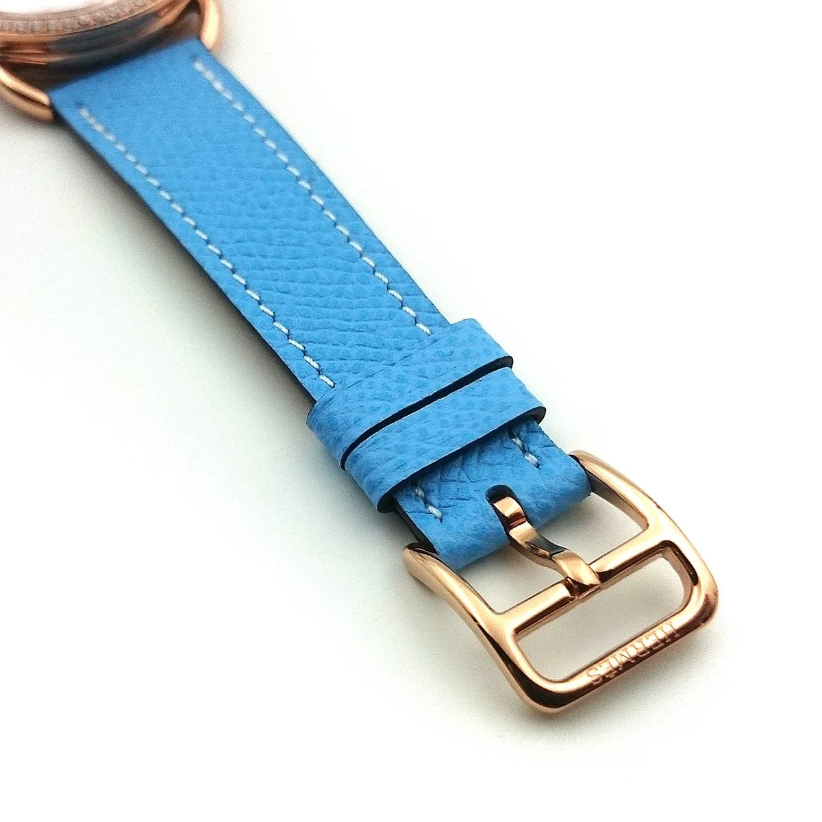 Arceau Petite Rose Gold with Diamond Bezel on Light Blue Epsom Leather Strap