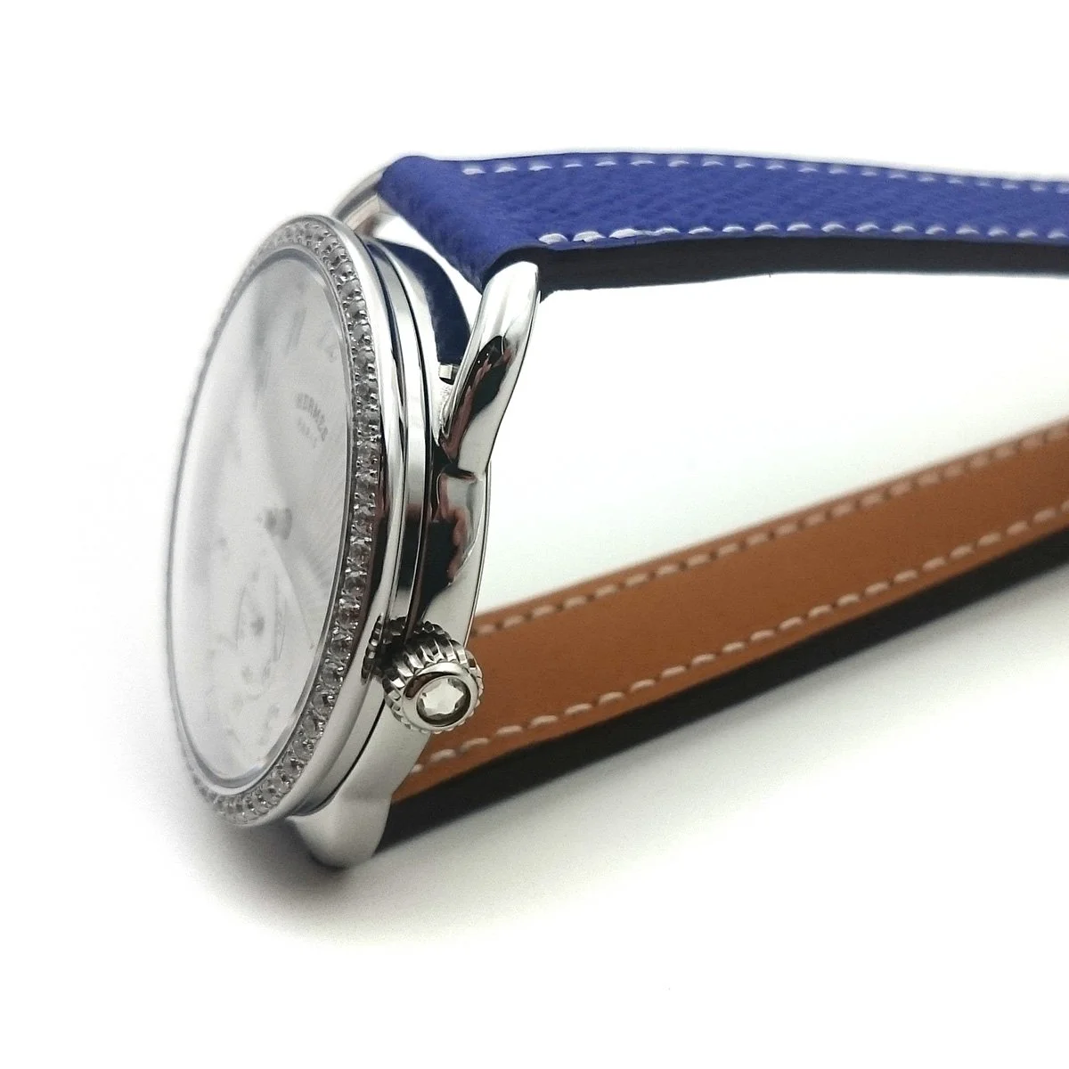 Arceau Petite Steel with Diamond Bezel on Blue Epsom Leather Strap
