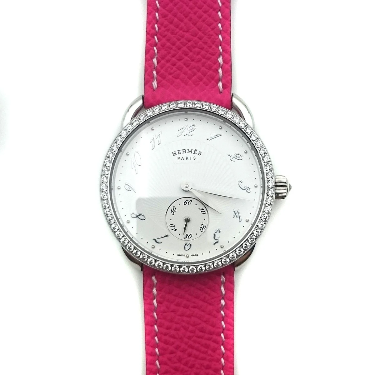 Arceau Petite Steel with Diamond Bezel on Pink Epsom Leather Strap