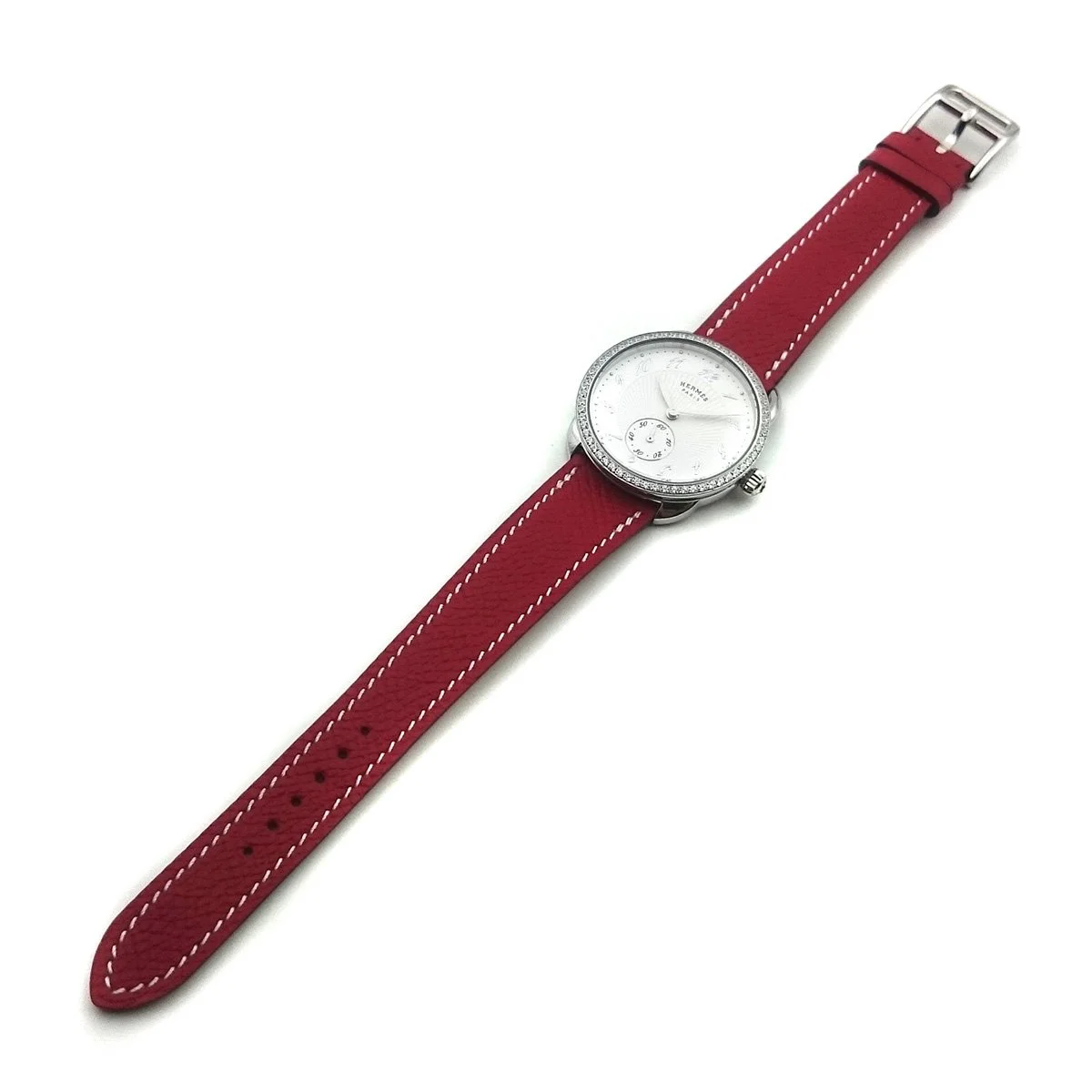 Arceau Petite Steel with Diamond Bezel on Red Epsom Leather Strap