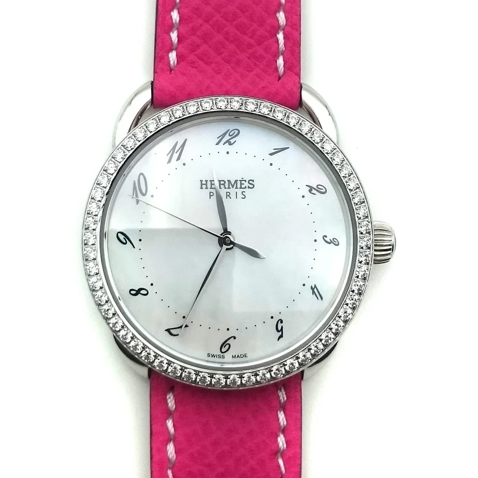 Arceau Steel with Diamond Bezel on Pink Epsom Leather Strap
