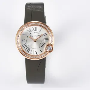 Ballon Blanc De Cartier 30mm RG DRF 1:1 Best Edition Silvered Texture Dial Diamonds Bezel on Green Leather Strap Ronda Quartz
