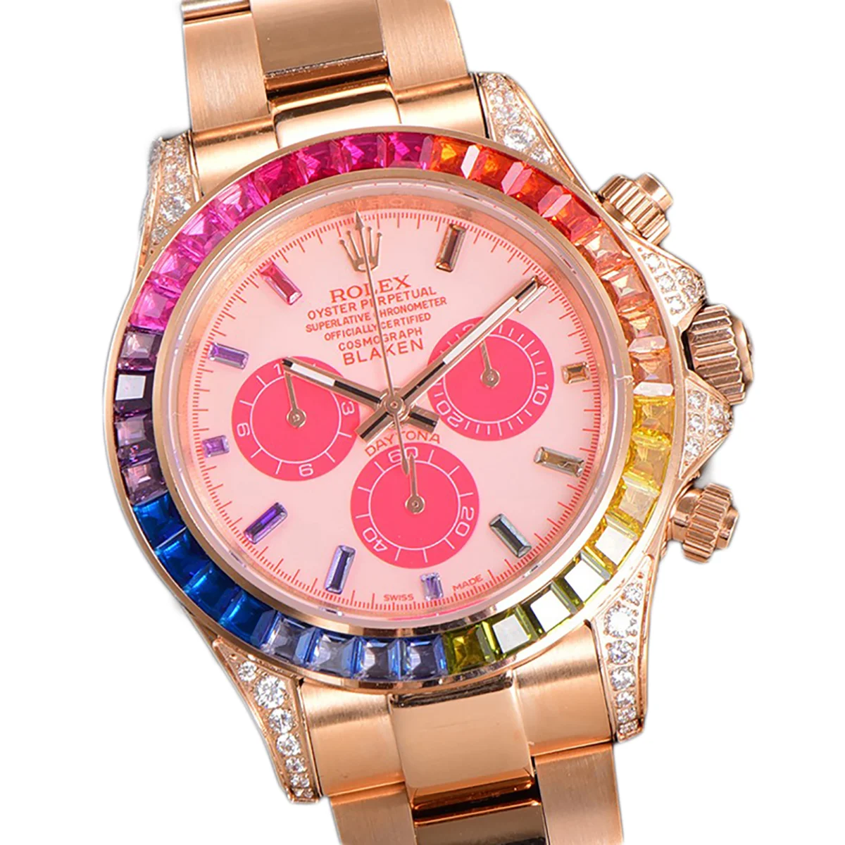 Blaken Daytona Pink Dial with Rainbow Diamond Bezel in Rose Gold