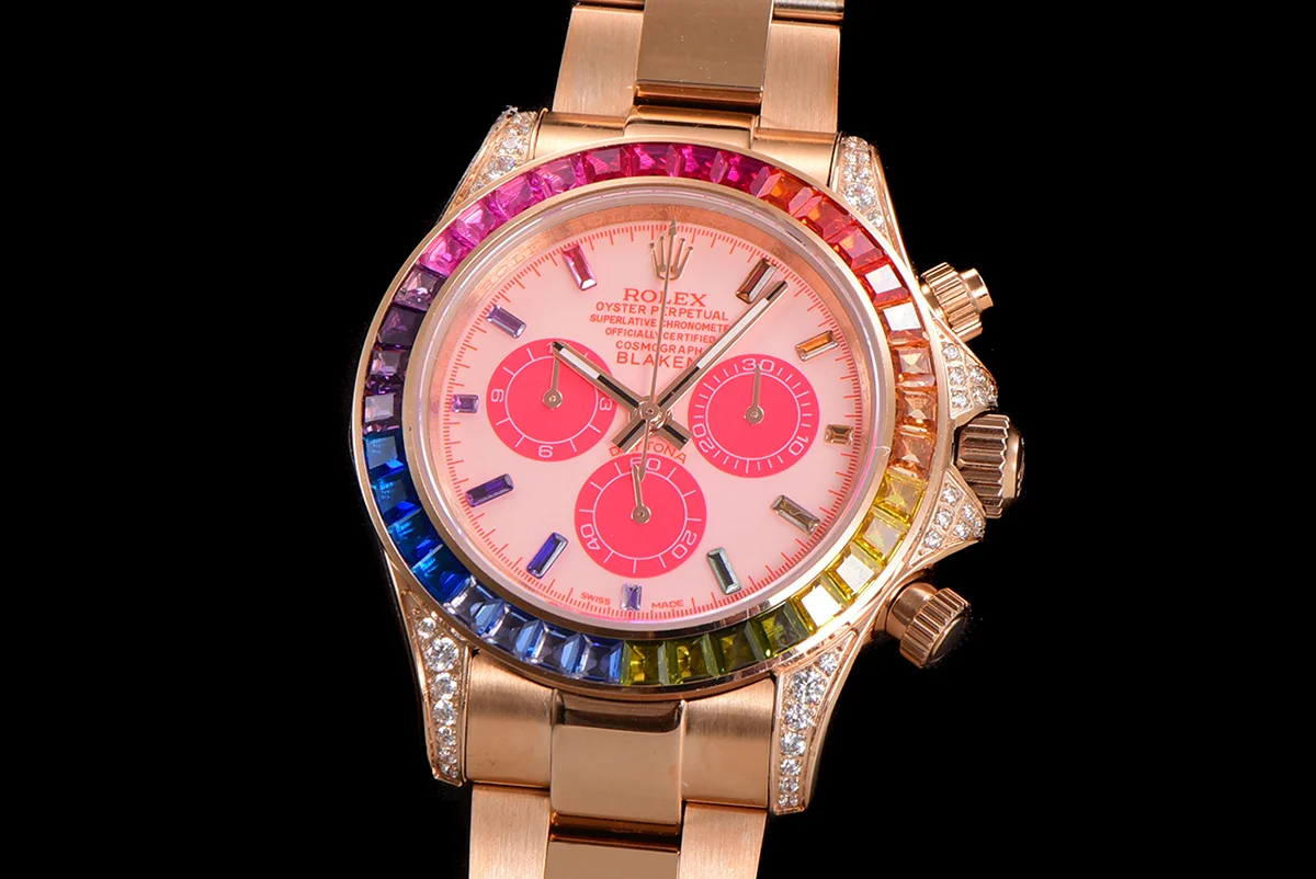 Blaken Daytona Pink Dial with Rainbow Diamond Bezel in Rose Gold
