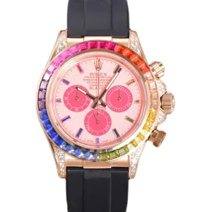 Blaken Daytona Pink Dial with Rainbow Diamond Bezel in Rose Gold on Rubber Strap