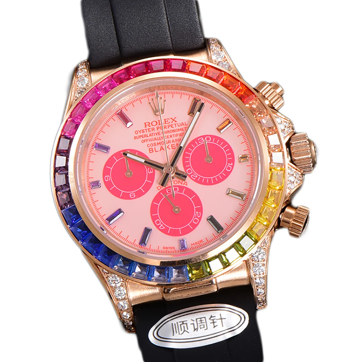 Blaken Daytona Pink Dial with Rainbow Diamond Bezel in Rose Gold on Rubber Strap