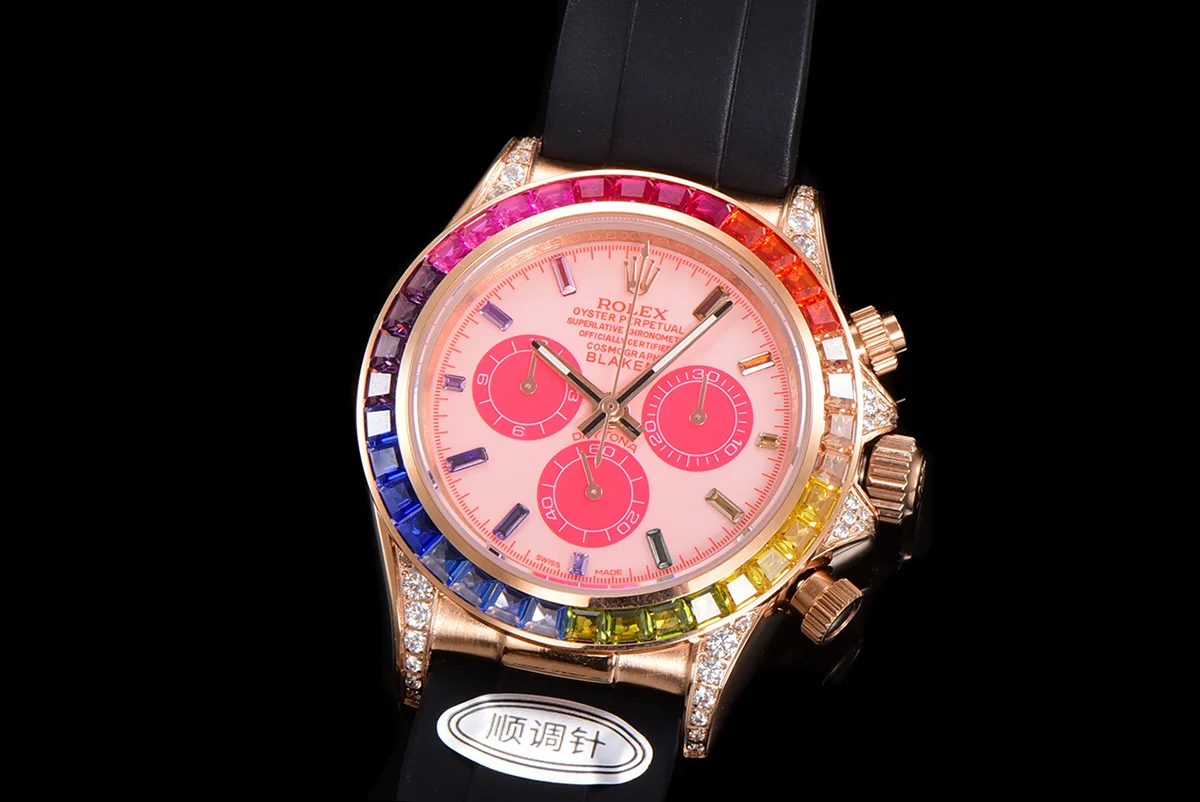 Blaken Daytona Pink Dial with Rainbow Diamond Bezel in Rose Gold on Rubber Strap