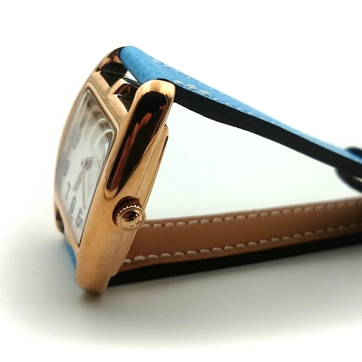 Cape Cod Tonneau Rose Gold on Light Blue Epsom Leather Strap