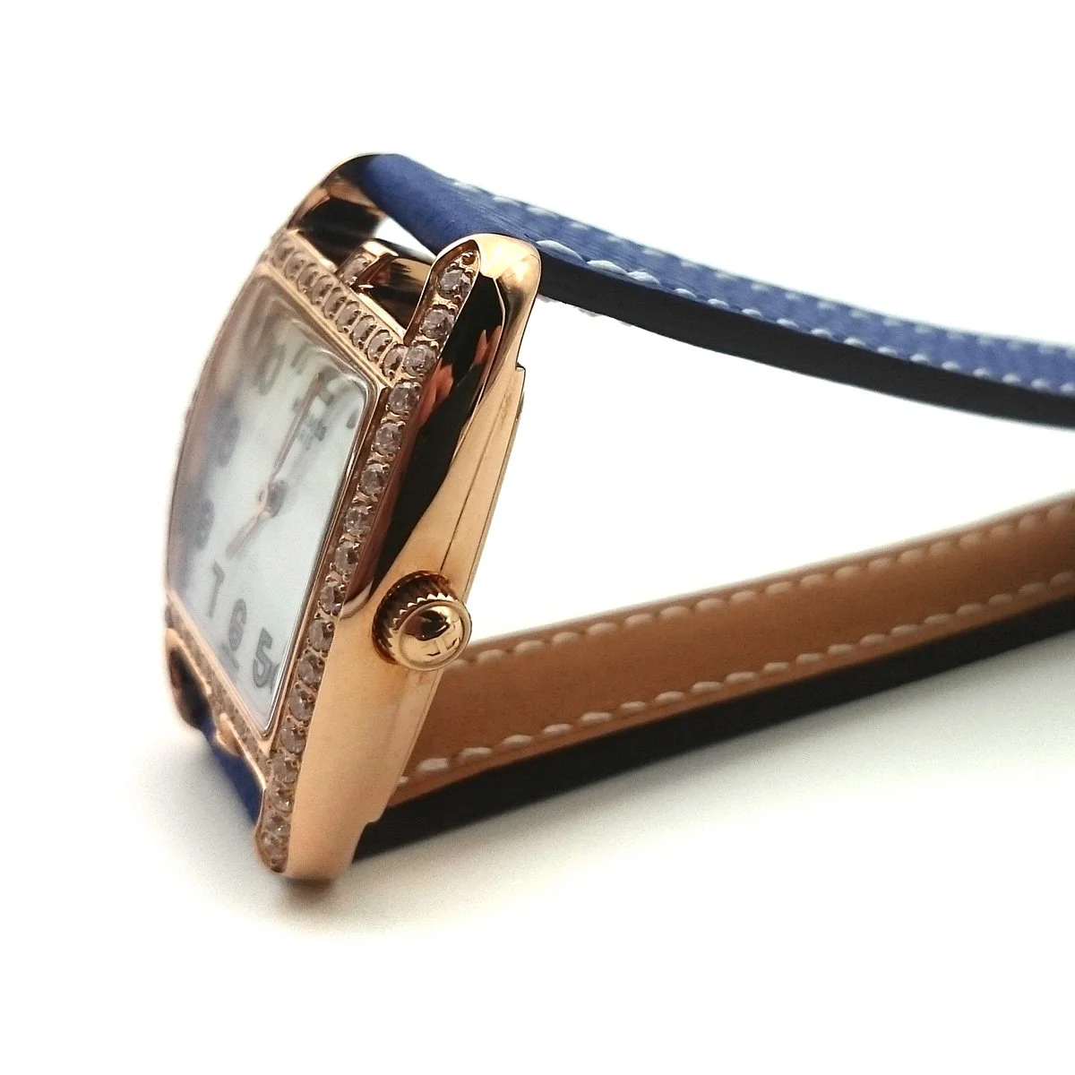 Cape Cod Tonneau Rose Gold with Diamond Bezel on Blue Epsom Leather Strap