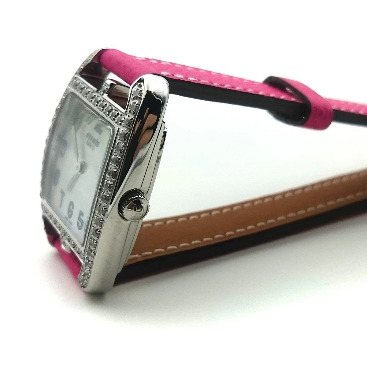 Cape Cod Tonneau Steel with Diamond Bezel on Pink Epsom Leather Strap