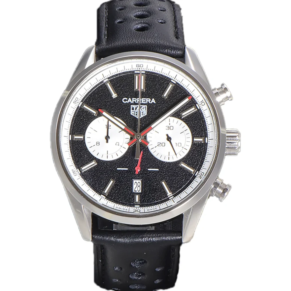 Carrera Chronograph 43 Black Dial on Leather Strap