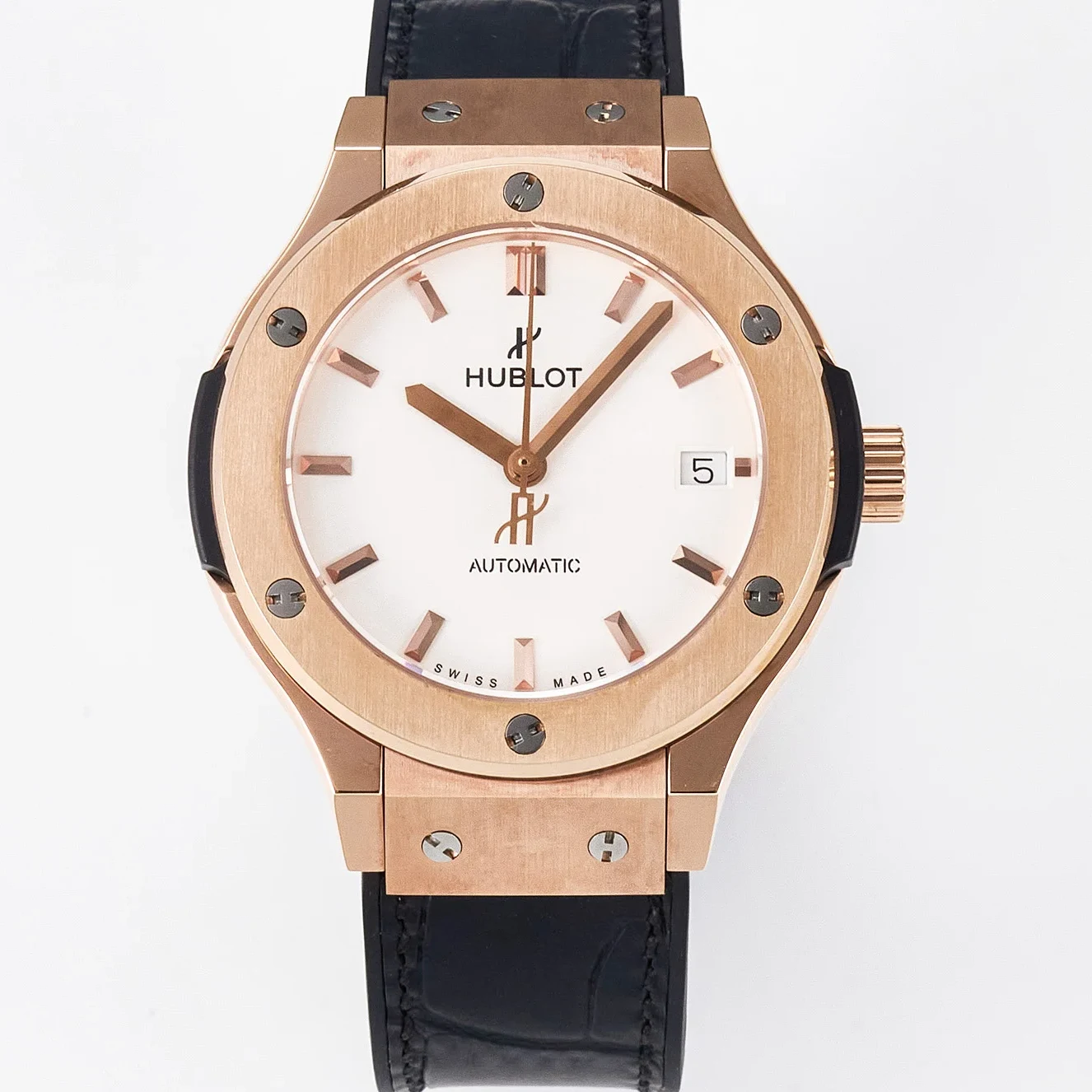 Classic Fusion 38mm RG JJF 1:1 Best Edition White Dial on Black Gummy Leather Strap