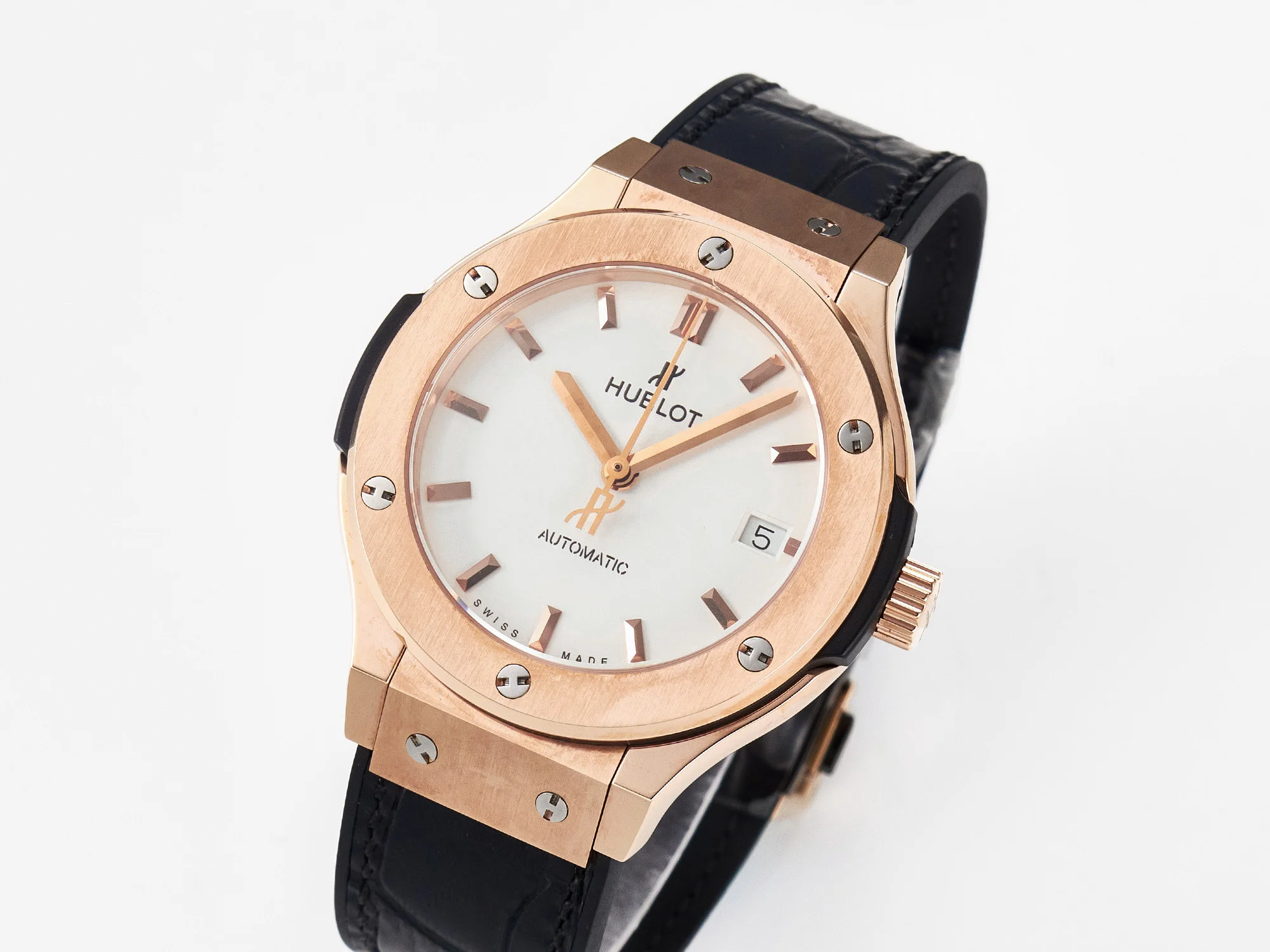 Classic Fusion 38mm RG JJF 1:1 Best Edition White Dial on Black Gummy Leather Strap