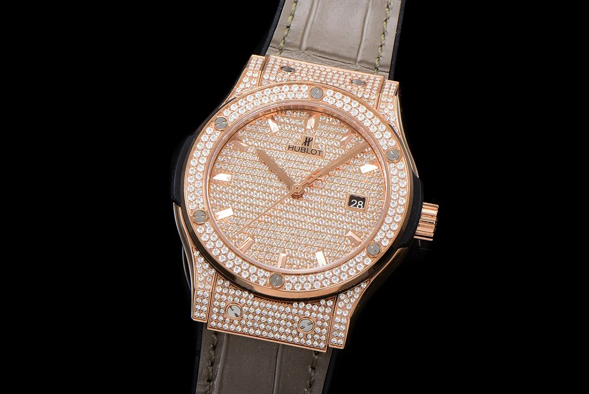 Classic Fusion Automatic 42mm Diamond Paved Dial in Rose Gold on Brown Leather Strap