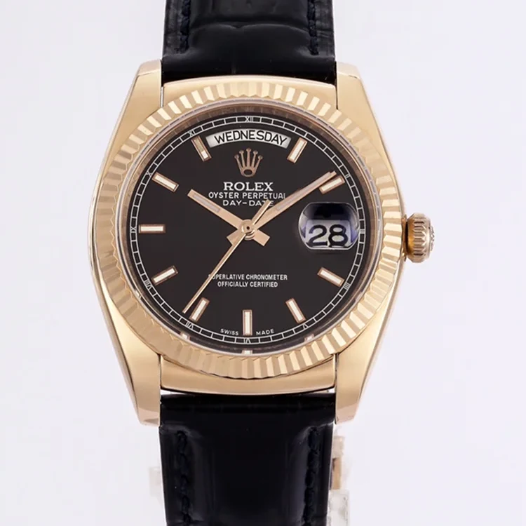 Day-Date 36 Black Dial in Rose Gold on Leather Strap