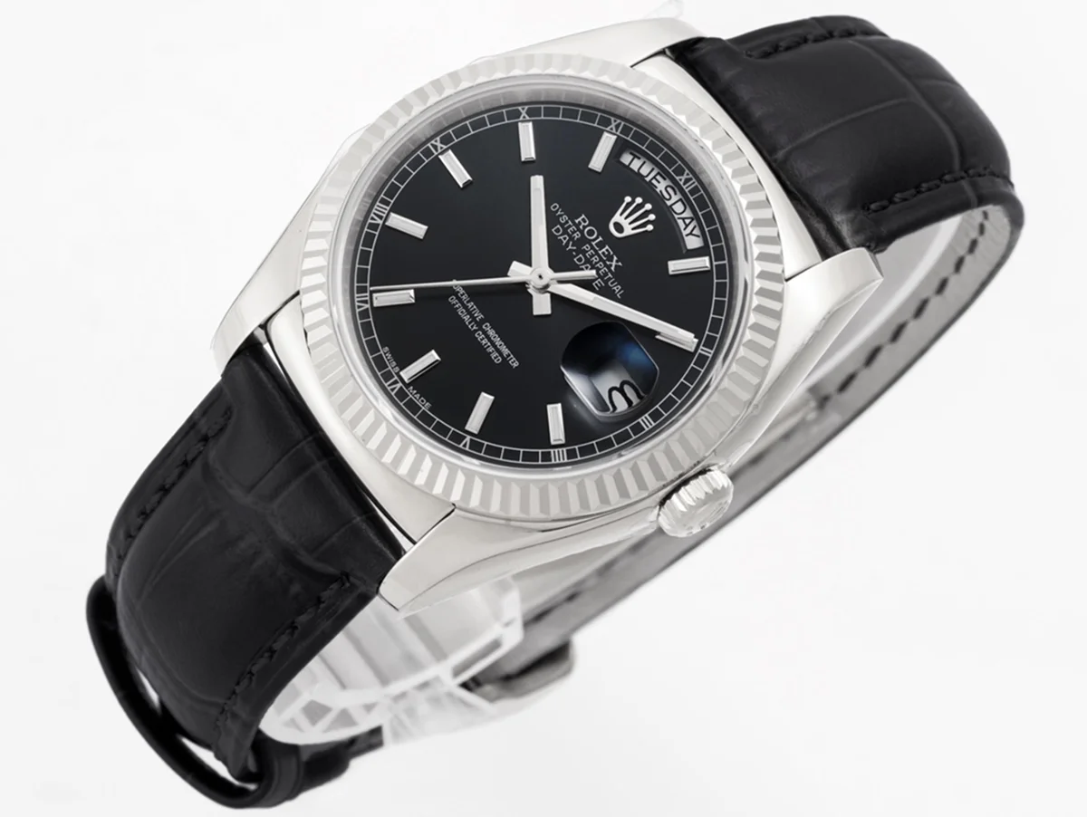 Day-Date 36 Black Dial in White Gold on Leather Strap