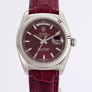 Day-Date 36 Red Dial in White Gold on Leather Strap