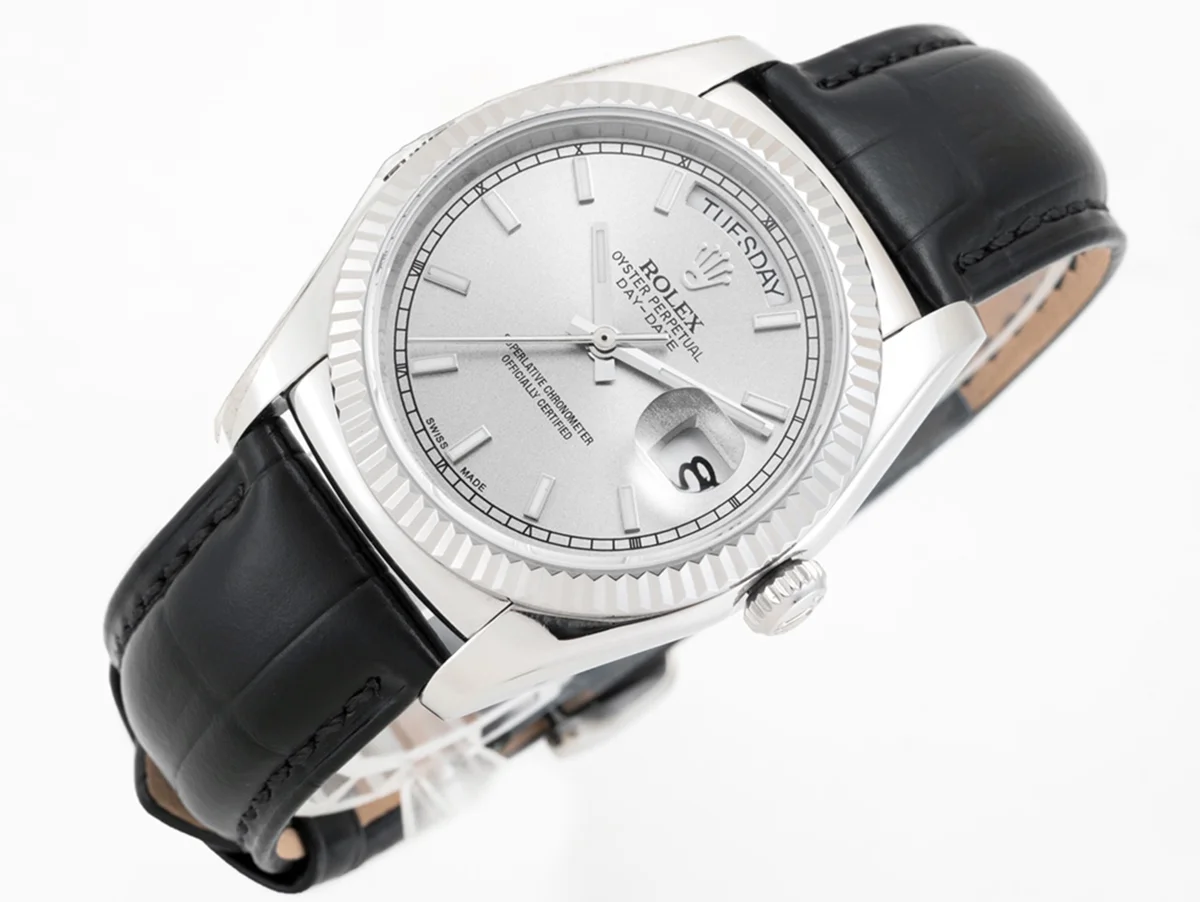Day-Date 36 Silver Dial in White Gold on Leather Strap