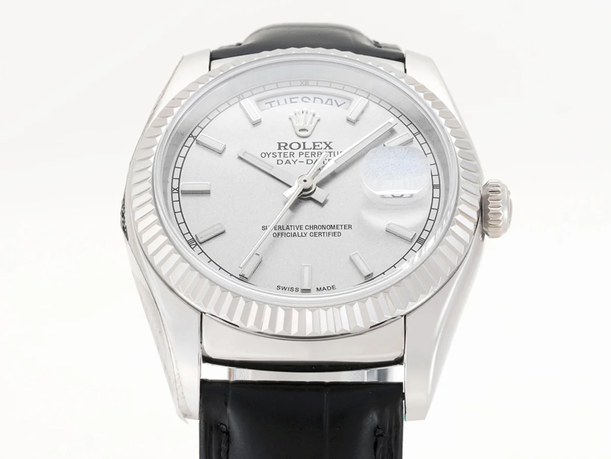 Day-Date 36 Silver Dial in White Gold on Leather Strap