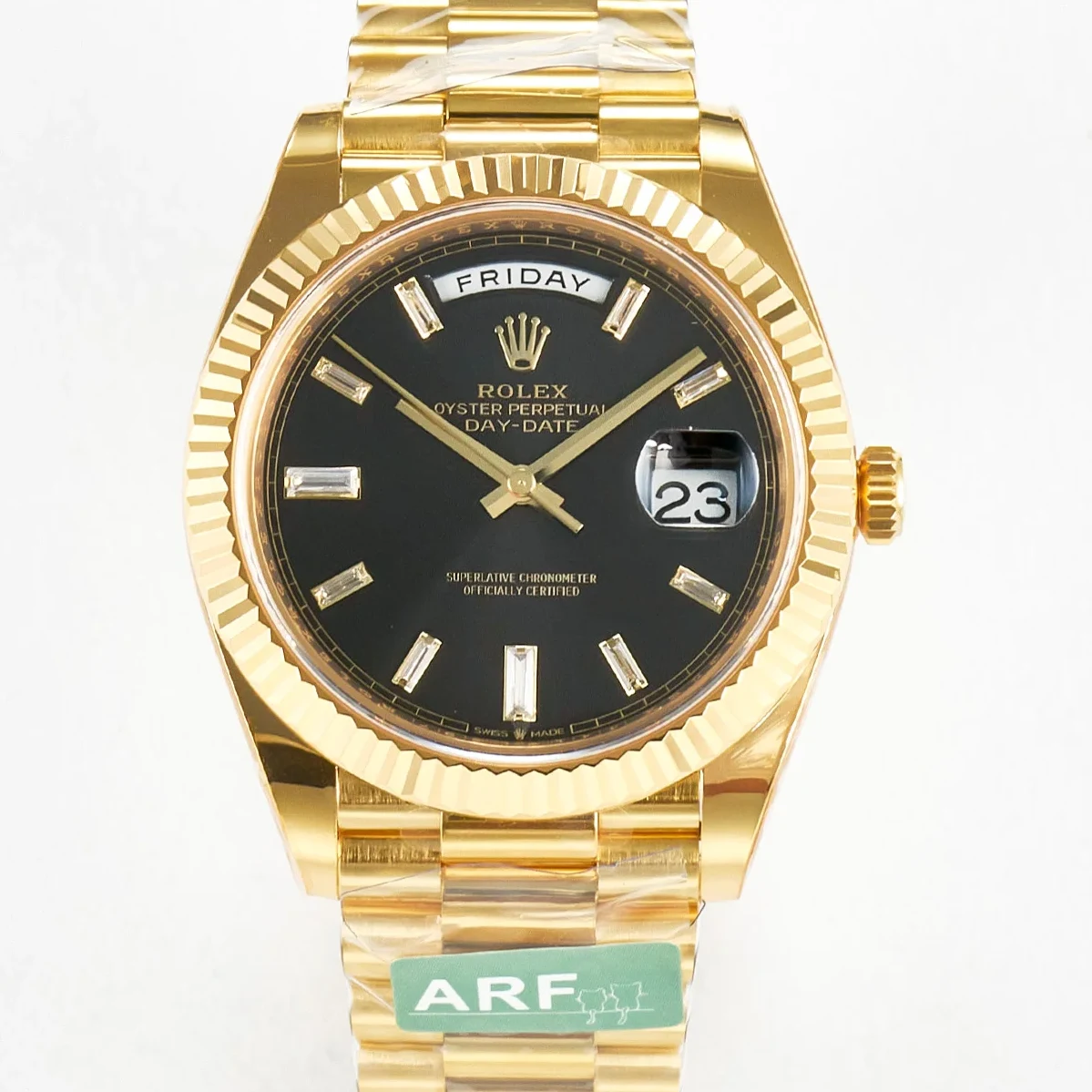 Day Date 40 228238 ARF 904L Steel Black Crystal Diamonds Bezel on President Bracelet VR3255