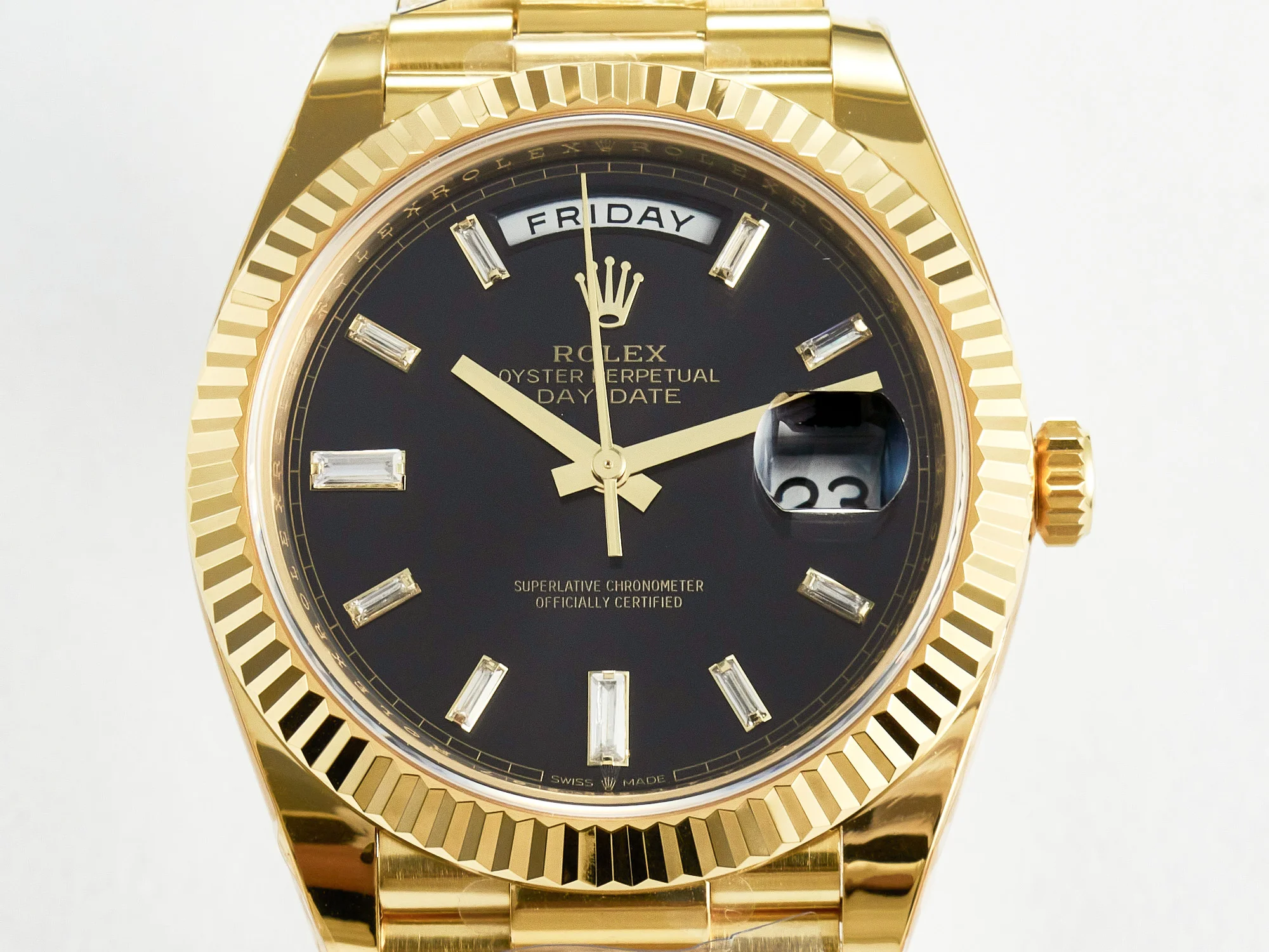 Day Date 40 228238 ARF 904L Steel Black Crystal Diamonds Bezel on President Bracelet VR3255