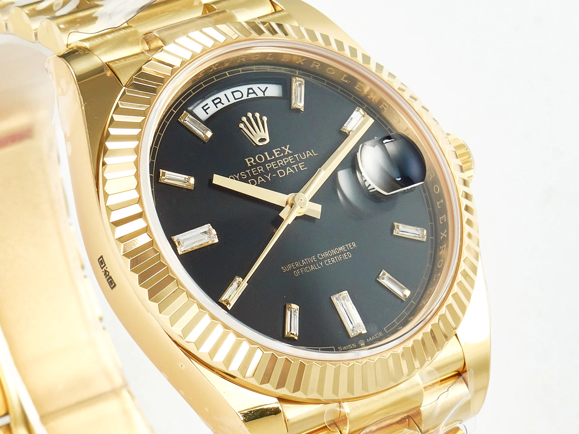 Day Date 40 228238 ARF 904L Steel Black Crystal Diamonds Bezel on President Bracelet VR3255