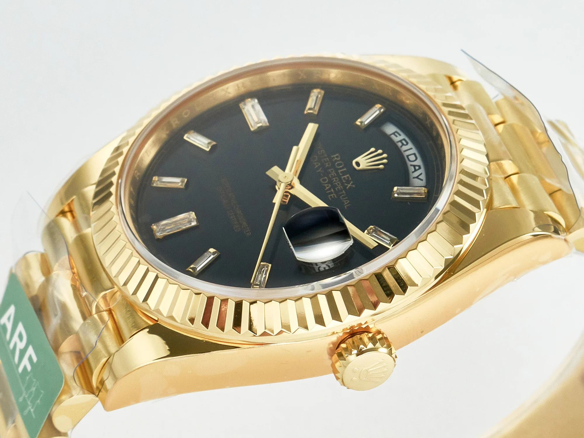 Day Date 40 228238 ARF 904L Steel Black Crystal Diamonds Bezel on President Bracelet VR3255