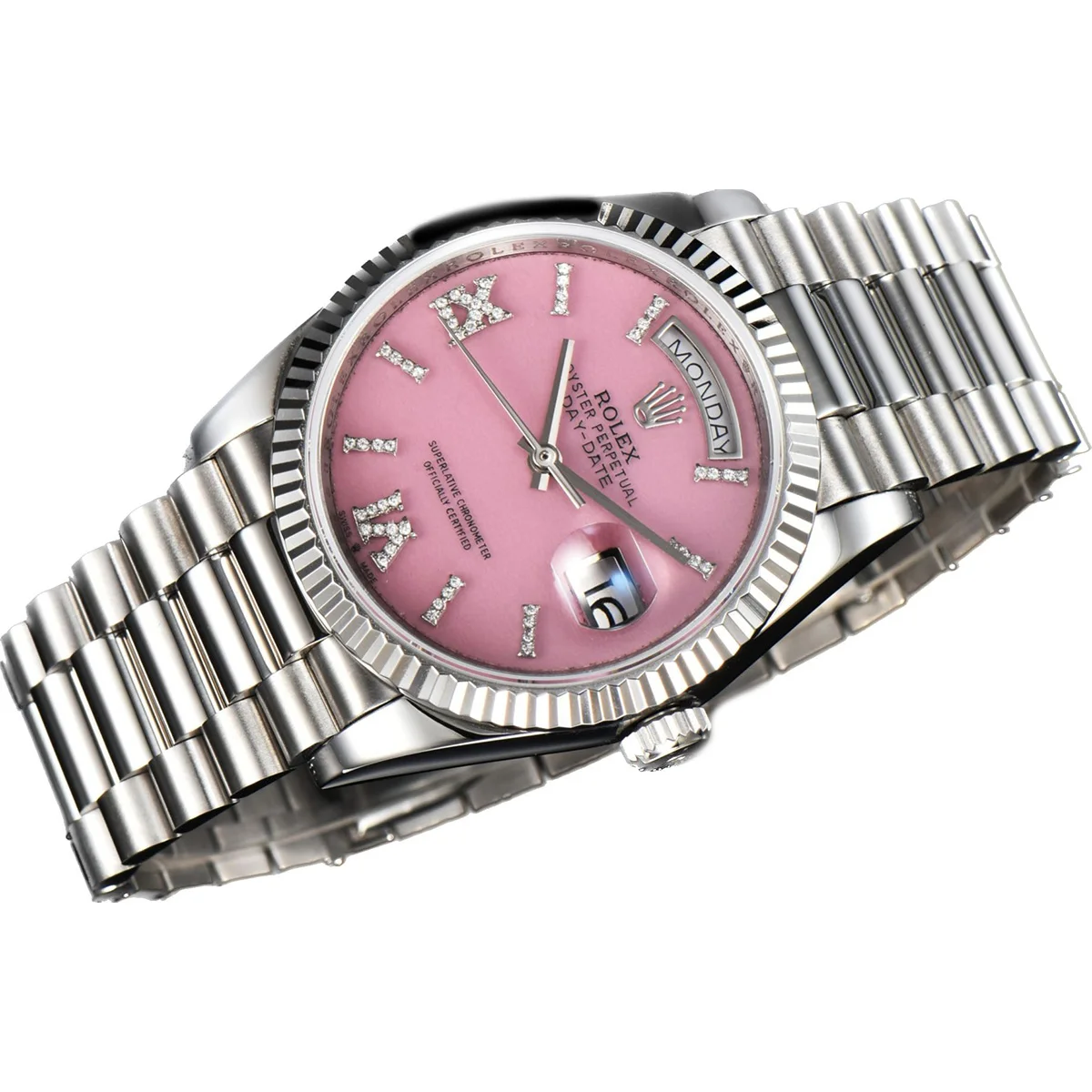 Daydate 36 128236 Pink Opal Dial with Roman Marker in Platinum