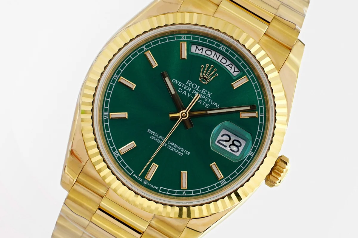 Daydate 36 128238 Green Dial with Sticker in Yellow Gold